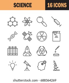 Science icon set. Collection of technology thin line icons. 16 high quality outline logo of lab on white background. Pack of symbols for design website, mobile app, printed material, etc.