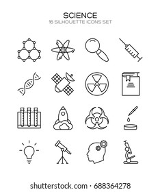 Science icon set. Collection of technology thin line icons. 16 high quality outline logo of lab on white background. Pack of symbols for design website, mobile app, printed material, etc.