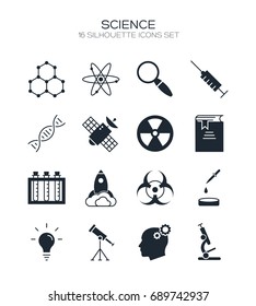 Science icon set. Collection of technology silhouette icons. 16 high quality logo of lab on white background. Pack of symbols for design website, mobile app, printed material, etc.