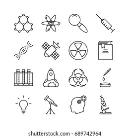 Science icon set. Collection of technology thin line icons. 16 high quality outline logo of lab on white background. Pack of symbols for design website, mobile app, printed material, etc.