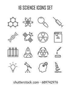 Science icon set. Collection of technology thin line icons. 16 high quality outline logo of lab on white background. Pack of symbols for design website, mobile app, printed material, etc.