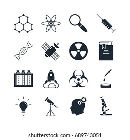 Science icon set. Collection of technology silhouette icons. 16 high quality logo of lab on white background. Pack of symbols for design website, mobile app, printed material, etc.