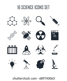 Science icon set. Collection of technology silhouette icons. 16 high quality logo of lab on white background. Pack of symbols for design website, mobile app, printed material, etc.