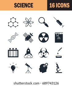 Science icon set. Collection of technology silhouette icons. 16 high quality logo of lab on white background. Pack of symbols for design website, mobile app, printed material, etc.