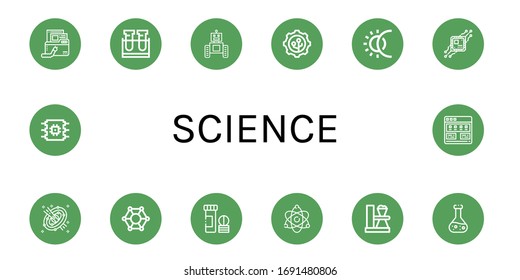 Science Icon Set. Sammlung von Viren, Teströhren, Roboter, Nanotechnologie, Eclipse, Cpu, Space, Molekulare, Vitamin, Atomenergie, Chemie, Tutorial-Symbole