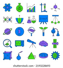 Icono de ciencia establecido en el estilo de línea de color. Colección de elementos científicos. Ilustración vectorial.