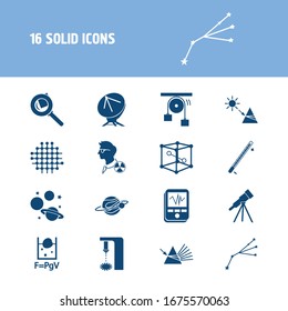 Science icon set and constellation with physics formula, technical device and planet with satellite. Particle related science icon vector for web UI logo design.