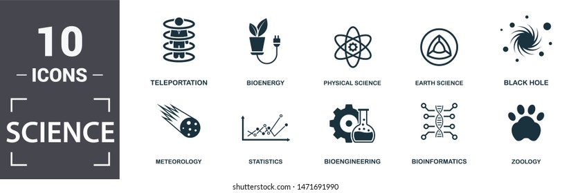 Science Icon Set. Contain Filled Flat Logic, Statistics, Physical Science, Earth Science, Meteorology, Zoology Icons. Editable Format.