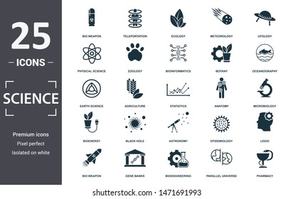 Science Icon Set. Contain Filled Flat Agriculture, Pharmacy, Epidemiology, Bio Weapon, Teleportation, Parallel Universe, Bioenergy Icons. Editable Format.