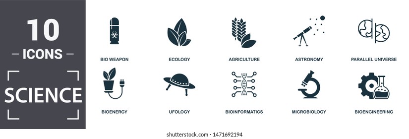 Science Icon Set. Contain Filled Flat Agriculture, Bioengineering, Bioinformatics, Bio Weapon, Parallel Universe, Ufology, Ecology, Microbiology Icons. Editable Format.