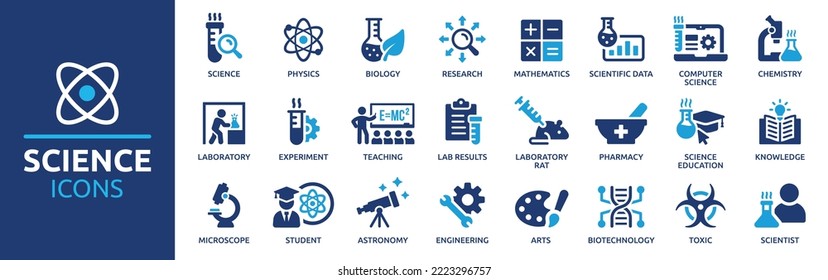 Science icon set. Containing biology, laboratory, experiment, scientist, research, physics, chemistry and more icons. Science education symbol. Vector illustration. - Shutterstock ID 2223296757