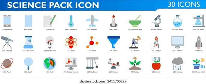 Science icon set. Containing mobile, thermometer, airplane, microscope, flash beaker, computer, compass, satelite, atom, telescope, planet, earth, pendulum and gravity. Color syle collection