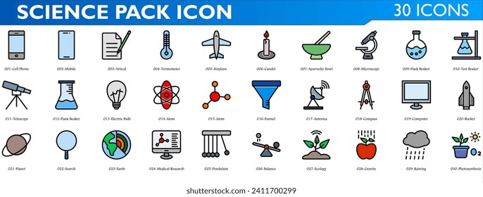 Science icon set. Containing mobile, thermometer, airplane, microscope, flash beaker, computer, compass, satelite, atom, telescope, planet, earth, pendulum and gravity. Color lineal syle collection