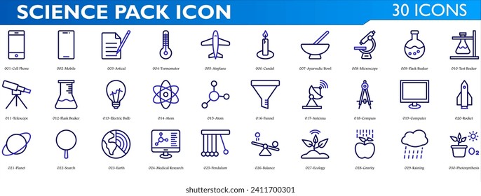 Science icon set. Containing mobile, thermometer, airplane, microscope, flash beaker, computer, compass, satelite, atom, telescope, planet, earth, pendulum and gravity. color outline syle collection