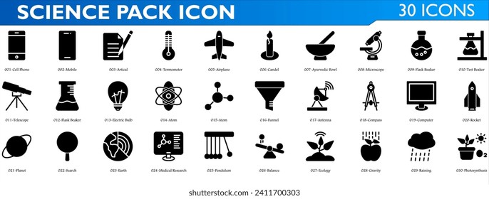 Science icon set. Containing mobile, thermometer, airplane, microscope, flash beaker, computer, compass, satelite, atom, telescope, planet, earth, pendulum and gravity. Solid syle collection