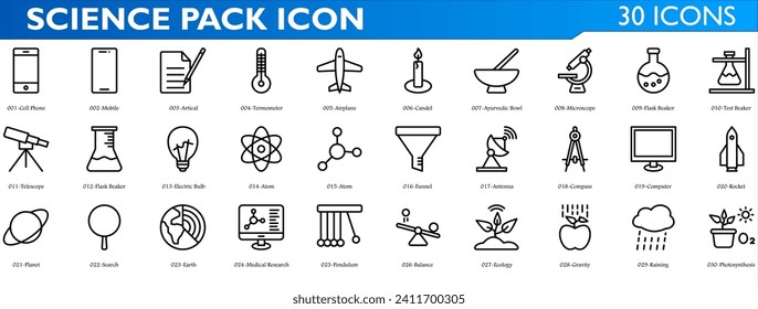 Science icon set. Containing mobile, thermometer, airplane, microscope, flash beaker, computer, compass, satelite, atom, telescope, planet, earth, pendulum and gravity. outline syle collection