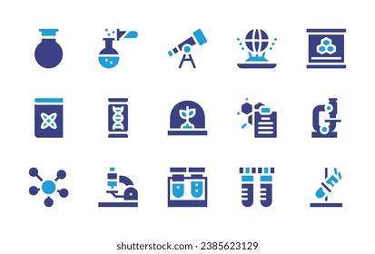 Science icon set. Duotone color. Vector illustration. Containing science, book, molecule, chemical reaction, dna, microscope, test tube, hologram, clipboard, telescope, artificial intelligence.