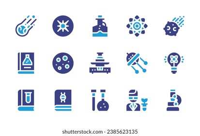 Science icon set. Duotone color. Vector illustration. Containing science book, supernova, meteorite, atom, full moon, biology, light bulb, microscope, ufo, scientist, flask, weight scale, test tube.