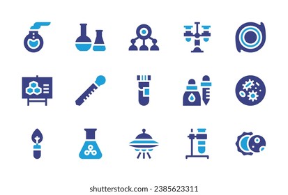 Science icon set. Duotone color. Vector illustration. Containing black hole, petri dish, eclipse, chemical, eyedropper, sulphite, robot, test tube, ufo, florence flask, biology, leaf, test tubes.