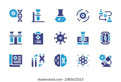 Science icon set. Duotone color. Vector illustration. Containing research, cell, dna, black hole, botany, electron, microscope, experiment, report, chromosome, test tube, use case, plant cell.