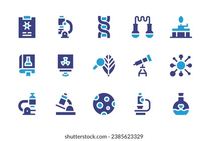 Conjunto de iconos de ciencia. Color de duotona. Ilustración vectorial. Conteniendo telescopio, microscopio, radiación, moléculas, poción amorosa, investigación, quemador bunsen, adn, libro, biología, luna llena, matraz.