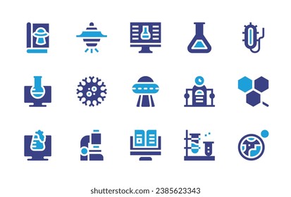 Conjunto de iconos de ciencia. Color de duotona. Ilustración vectorial. Conteniendo feria científica, ufo, informática, flask, time machine, cell, earth, virus, microscopio, revista, laboratorio virtual.