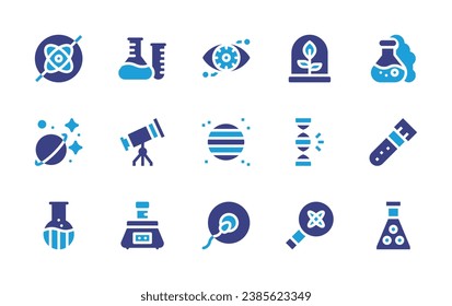 Science icon set. Duotone color. Vector illustration. Containing chemical, gyroscope, planet, bionic eye, centrifuge, fertilization, chemistry, telescope, flask, test tube, magnifying glass, sulphite.