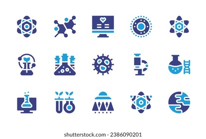 Science icon set. Duotone color. Vector illustration. Containing atom, flask, virtual lab, cell, chemicals, biology, health, ufo, microbiology, earth, bacteria, microscope, physics.