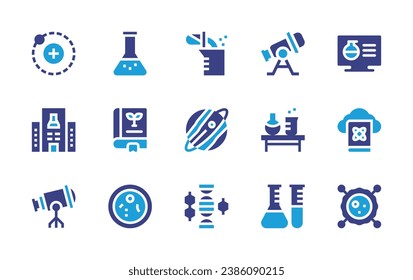 Science icon set. Duotone color. Vector illustration. Containing experiment, research, flask, book, cells, electron, research center, astronomy, telescope, dna, virtual lab, cloud library, cell.