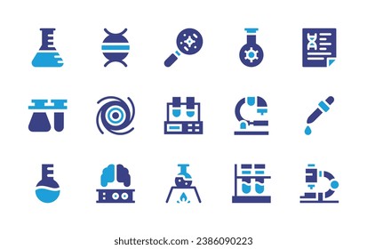 Science icon set. Duotone color. Vector illustration. Containing chemistry, flasks, laboratory, dna, black hole, brain, bacteria, testing, bunsen burner, dna test, drops, microscope, test tube.