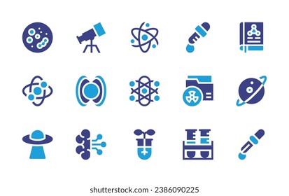 Science icon set. Duotone color. Vector illustration. Containing atom, physics, plant, petri dish, science, ufo, telescope, magnetic field, artificial intelligence, chemistry, saturn, pipette.