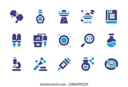 Science icon set. Duotone color. Vector illustration. Containing microscope, molecular, jetpack, ufo, sun, experiment, bioengineering, potion, ph meter, book, flask, astronomy, search.