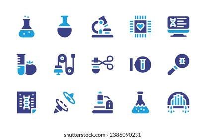 Conjunto de iconos de ciencia. Color de duotona. Ilustración vectorial. Consta de matraz, laboratorio, afiche, física, portal, microscopio, tongos, computadora, parásito, ciudad, nanotecnología, laboratorio.