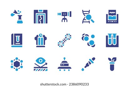 Conjunto de iconos de ciencia. Color de duotona. Ilustración vectorial. Conteniendo ciencia, química, molécula, puerta, máquina del tiempo, inteligencia reflectante, artificial, tubo de ensayo, adn, pipeta, telescopio, cartón.