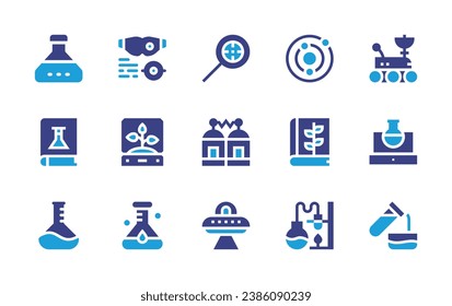 Science icon set. Duotone color. Vector illustration. Containing science, book, flask, glasses, plant, moon rover, testing, test tube, solar system, botany, lab, research, teleportation, ufo.
