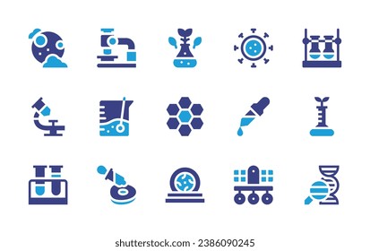 Science icon set. Duotone color. Vector illustration. Containing space robot, pipette, virus, beaker, cultured, microscope, full moon, test tube, gmo, dna, cell, portal, laboratory, chemical.