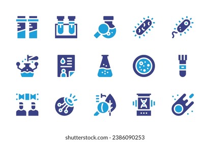 Wissenschaftssymbol gesetzt. Duotonfarbe. Vektorgrafik. Komet, und Petrischale, Reagenzglas, Bakterien, medizinischer Bericht, Augeneball, Kolben, Forschung, DNA, Botanik, Labor.