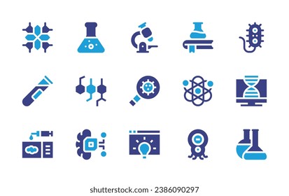 Science icon set. Duotone color. Vector illustration. Containing cytochrome, test tube, microscope, magnifying glass, flasks, molecules, bacteria, pc, artificial intelligence, book, atom, slide.