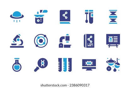 Science icon set. Duotone color. Vector illustration. Containing research, flask, ufo, solar system, dna, book, microscope, test tubes, chemical reaction, planetarium, scientific, cell, presentation.