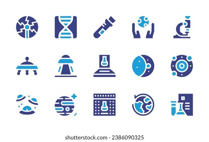 Science icon set. Duotone color. Vector illustration. Containing test tube, science fair, moon, waxing moon, around the world, microscope, solar system, experiment, dna, ufo, planet, plasma.