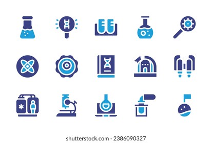 Science icon set. Duotone color. Vector illustration. Containing test tube, science, cryonics, search, amoeba, microscope, biology, jet pack, planet, potion, observatory, lab, book, testing.