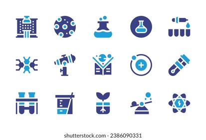 Science icon set. Duotone color. Vector illustration. Containing flask, book, biology, lab, electron, balance, test tube, atom, mercury, telescope, beaker, laboratory, molecule, vessel, sample.