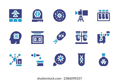 Wissenschaftssymbol gesetzt. Duotonfarbe. Vektorgrafik. Mit Science-Fiction, Wissenschaft, Gehirn, Waage-Skala, chemische Analyse, Blutprobe, Roboterhand, Kolben, Teleskop, Kolben, Mikroorganismen.