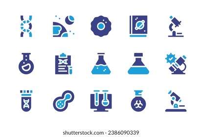 Science icon set. Duotone color. Vector illustration. Containing cell, chemistry, virtual lab, space, flask, tube, microscope, moon, clipboard, mitosis, dna.