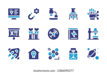 Science icon set. Duotone color. Vector illustration. Containing microscope, science, magnet, mechanical arm, test tubes, light bulb, laboratory, cell, cells, presentation, separating funnel.