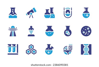 Science icon set. Duotone color. Vector illustration. Containing laboratory, chemistry, flask, ufo, test tube, telescope, teleportation, nucleotide, microscope, dna, space capsule, geology.