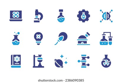 Science icon set. Duotone color. Vector illustration. Containing data science, science, science book, experiment, microscope, flask, fertilization, planet, chemical, brain, lab, observatory, genetics.