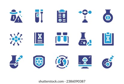 Science icon set. Duotone color. Vector illustration. Containing clipboard, test tube, orbit, model, ecological, ufo, swab, book, protected, fertilization, flask, enzyme, catalyst.