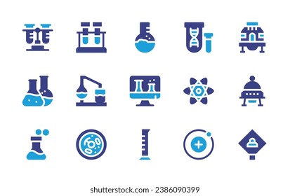 Science icon set. Duotone color. Vector illustration. Containing test tube, flask, chemical, chemical process, cell, experiment, online class, cylinder, ufo, genetical, atom, neutron, space capsule.
