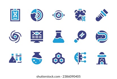 Science icon set. Duotone color. Vector illustration. Containing monitor, flask, cell, dna, symbiosis, geothermal, technology, test tube, planet, abduction, clipboard, vortex, chemistry.